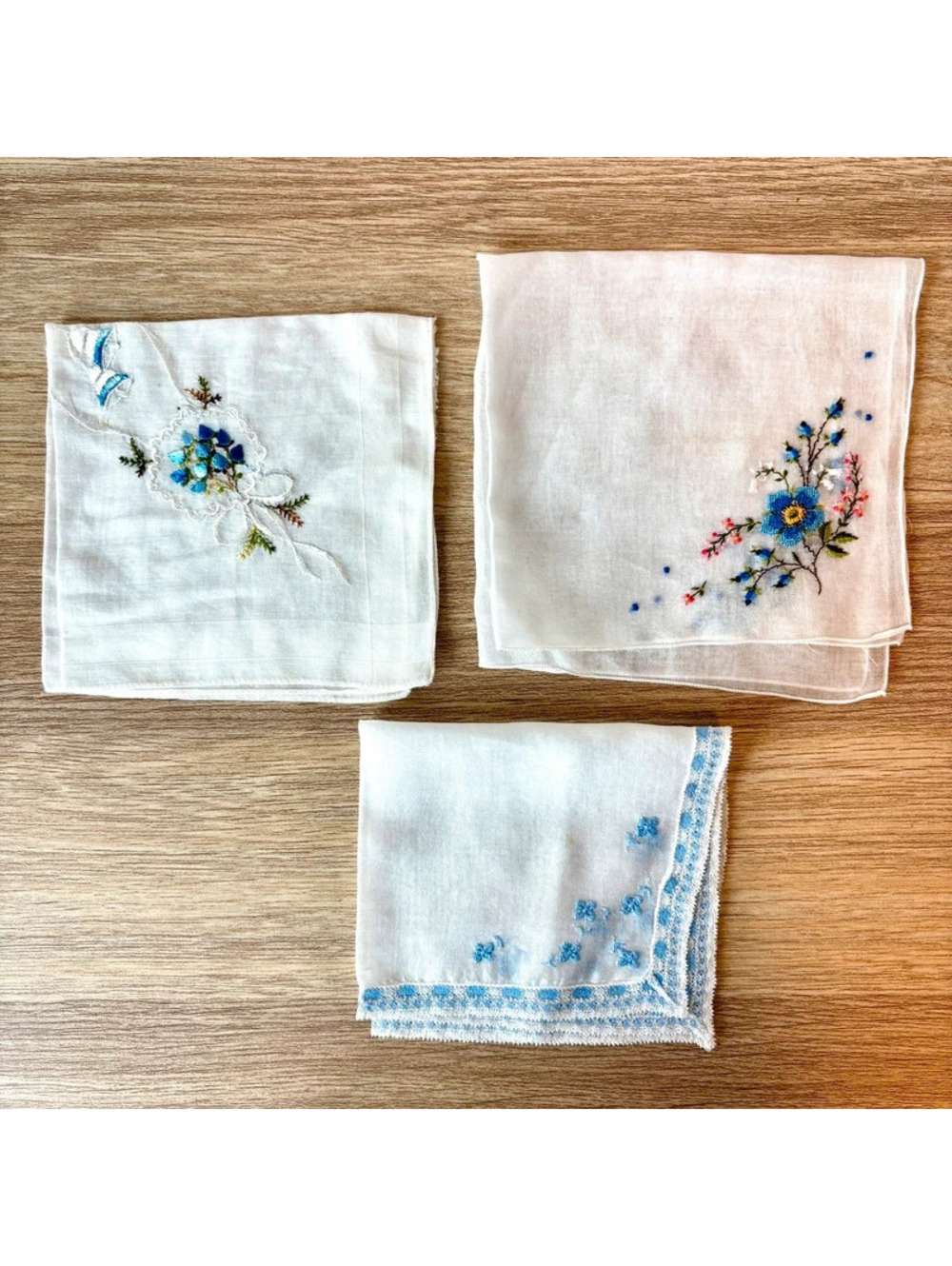 Vintage Embroidered Handkerchief Lot 3 Blue Floral Hankies Lace Trim Cottagecore
